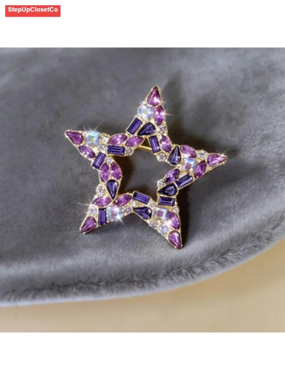 Sparkly Purple Hollow Crystal Star Brooch, Rhinestone Lapel Pin for Women,